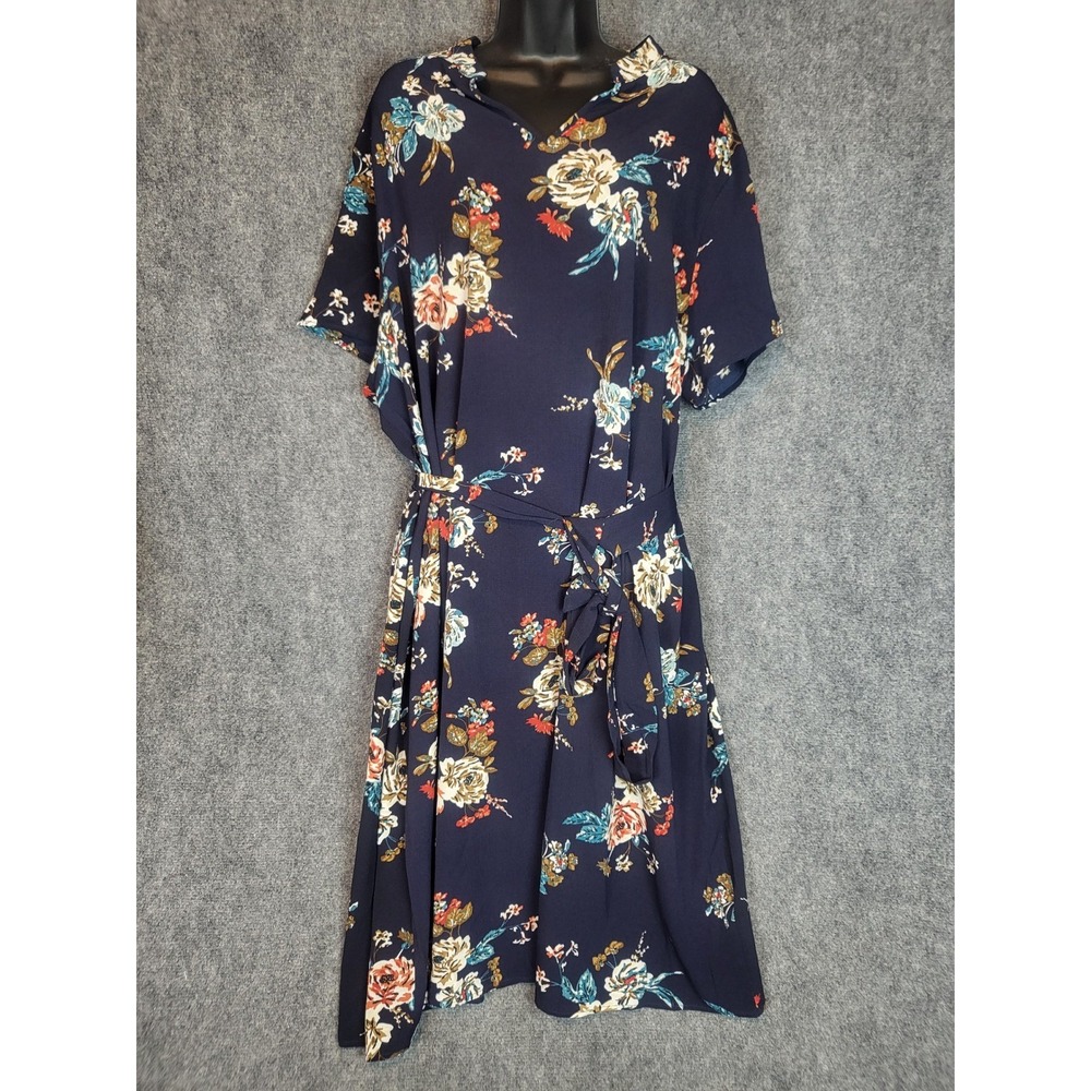 Emery Rose Navy Blue‎ Floral Maxi Dress Womens 5XL Short Sleeve Tie Waist Casual
